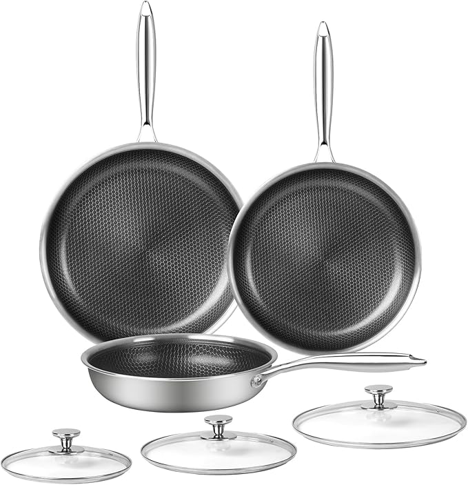 Innerwell 6 Piece Stainless Steel Frying Pan Set with Lids, Nonstick Honeycomb Frying Pan Set, 3pcs W/Stay Cool Handle, Skillet Works Pan for Cooking with Induction, Gas, Ceramic & Electric Stovetops