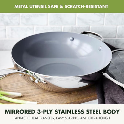 GreenPan Valencia Pro Tri-Ply Stainless Steel 12” Wok with Lid, Ceramic Nonstick PFAS-Free Coating, Multi Clad Cookware, Induction, Dishwasher Safe, Oven and Broiler Safe