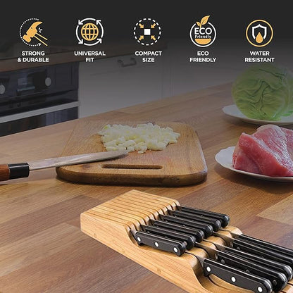 In-Drawer Knife Block - Bamboo Knife Drawer Organizer for Kitchen - Fits 5 Long + 6 Short Knives - Store Knives with Blades Pointing Down - Wooden Steak knife Holder without Knives - Chef Gift Idea