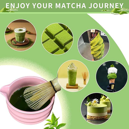 Pink Matcha Tea Set, 6pcs Matcha Whisk Set Pink, Matcha Ceremony Accessory, Whisk Holder, Matcha Bowl, Matcha Whisk, Bamboo Scoop, Sifter, Ceramic Matcha Bowl Tea Ceremony Accessory for Making Matcha