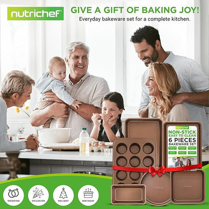 NutriChef 6-Piece Nonstick Bakeware Set, Carbon Steel Baking Pans Set, Includes Cookie Sheets, Wide & Square Bake Pans, Bread Loaf & Round Cake Pan, Muffin Pan - Gold