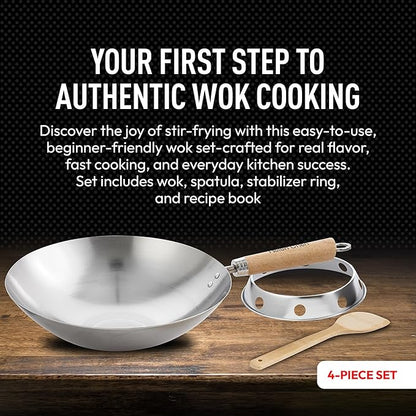Helen's Asian Kitchen Round Bottom Wok Set, Carbon Steel and Bamboo, 12-Inches, 4-Piece Set