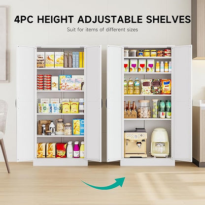SISESOL 61" Tall Pantry Cabinet,Farmhouse Kitchen Pantry Storage Cabinets with 2 Doors and 5 Shelves,White Metal Storage Cabinet,Large Cupboard for Home,Kitchen,Dining/Living Room