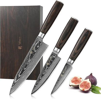 Wakoli ESE 3-Piece Damascus Knife Set – Professional Chef’s Knives | 67-Layer VG10 Core Steel | Ergonomic Pakkawood Handles | Premium Kitchen Knives in Wooden Gift Box