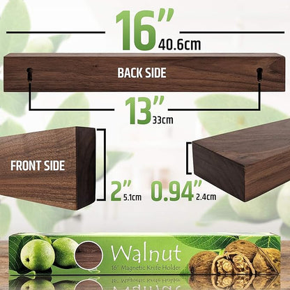 Premium Dark Walnut Wood Magnetic Knife Holder for Wall | 16 Inch | Upgraded Version | Professional Wooden Magnetic Knife Strip - Space-Saving Knife Rack/Knife Bar With Powerful Magnetic Pull Force