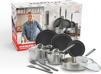 GreenPan x Bobby Flay Stainless Steel 12 Piece Cookware Pots & Pans Set, Professional Grade Tri-Ply, Multiclad, PFAS-Free Ceramic Nonstick, Induction Suitable, Dishwasher & Oven Safe,Stay Cool Handles