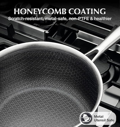 KOCH SYSTEME CS Hybrid Nonstick Stainless Steel Sauce Pan with Steamer Insert, 18/10 Steel 2QT Sauce Pan with Lid, Triple Stainless Steel Pot with Honeycomb Interior, Induction Compatible & Oven Safe