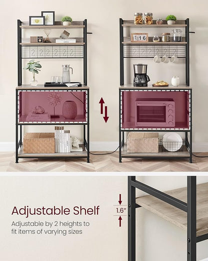 VASAGLE Hutch Bakers Rack with Power Outlet, 14 Hooks Microwave Stand, Adjustable Coffee Bar with Metal Wire Panel, Kitchen Storage Shelf, 15.7 x 31.5 x 66.9 Inches, Greige and Black UKKS025B02