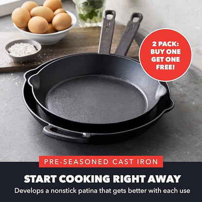 GreenPan x Bobby Flay 2 Piece Set (Includes 8”, 10”) Cast Iron Skillet, Pre-Seasoned PFAS-Free Frying Pan, Pour Spouts, Induction Compatible, Oven, Grill, Indoor/Outdoor, Durable, Black
