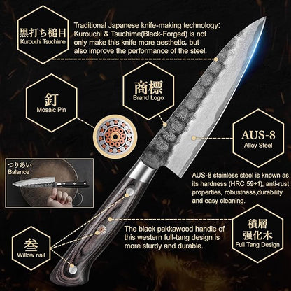 Black Forged Japanese Knives with High Carbon Stainless Steel and Full Tang Pakkawood Handle, Kitchen Knife with Premium Box (5 Inch Paring Knife)