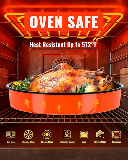 Round Roasting Pans Bakeware 4 Pack Enamelwere Baking Cake Pans Set Casserole Dishes 9/10/12/14inch Turkey Chichen Vegetables Roaster Oven Dishwasher Safe Thanksgivinfg Holiday (Orange)