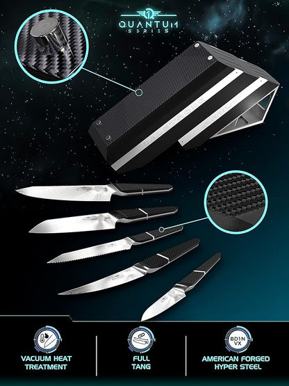 Dalstrong Knife Block Set - 5 Piece - Quantum 1 Series - American Forged BD1N-VX Hyper Steel - Carbon Fibre G10 Hybrid Handle - Professional Kitchen Set - Knife Set