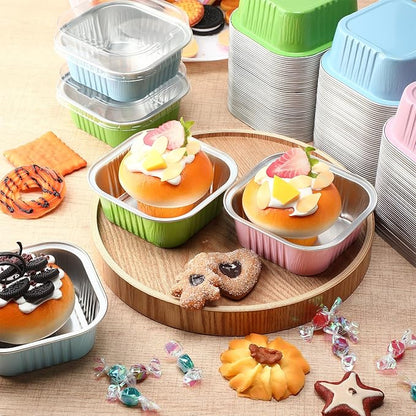 Aoriher 150 Pieces 10 oz Mini Cake Pans with Lids Aluminum Foil Baking Cups Square Disposable 4" x 4" Large Cupcake Cups Baking Tins for Kitchen Brownie Pudding Desserts Holders(Pink Blue Green)