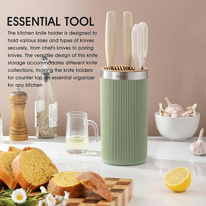 Knife Block without Knives, OLULU Universal Round Knife Block Holder, Spacing Saving Knife Storage Organizer Stand Rack for Countertop (Stylish Green+Yellow Color)