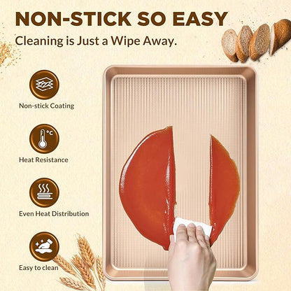 Saker nonstick baking sheet pan set,Multi-Use Non-Stick Baking Pan Set, Stackable Carbon Steel Cookie Sheets for Even Baking, Roasting & Meal Prep, Oven Safe & Easy Clean (Champagne Gold)