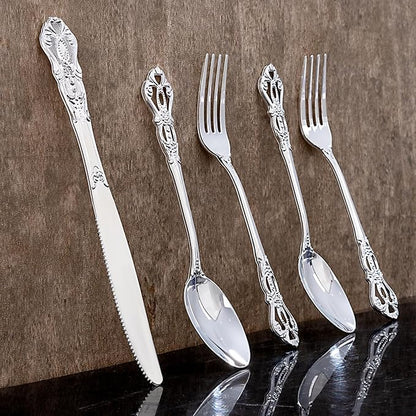 200PCS Silver Plastic Cutlery - Vintage Silver Disposable Silverware - Heavyweight Plastic Utensils with 100 Forks, 50 Knives, 50 Spoons For Catering, Parties, Dinners and Weddings