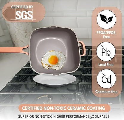 Nonstick Ceramic Saute Pan with Steamer, Non Toxic Deep Frying Skillet with Spatula, PFOA,PFOS,Lead & Cadmium Free,Dishwasher Safe,4 Qt,11-inch, Terracotta,All in One Pan,ceramic cookware with lid