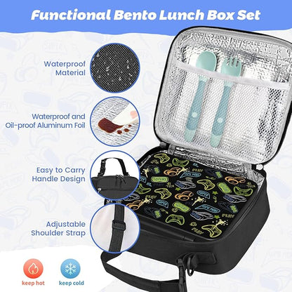 Kids Bento Lunch Box with Thermos, Leakproof Toddler Bento Box with 9 OZ Insulated Food Jar, Lunch Bag & Utensils 3 or 4 Compartment Container for School Girls Boys