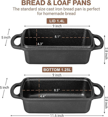 2 in 1 Cast Iron Bread Pan with Lid, Durable Loaf Pans for Baking Homemade Sourdough and Meatloaf, Bread Oven Cast Iron Cookware, Bread Loaf Pan, Sourdough Baking Pan