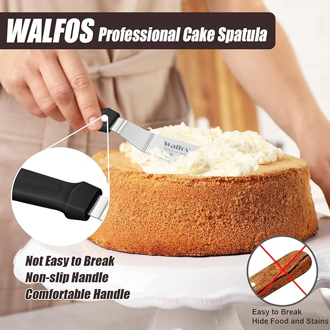Walfos Icing Spatulas, Stainless Steel Cake Spatula with Sturdy and Durable Handle Cake Decorating Spatula Set of 2 - Multi purpose Use for Home, Kitchen or Bakery (6” & 8”)