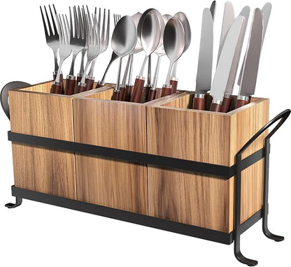 Utensil Holder for Party - Silverware Caddy with Three Compartments, Detachable, Portable Handle, Stylish Cutlery Holder for Countertop and Outdoor Use