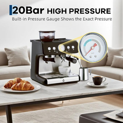 Garvee 20 Bar Pressure Stainless Steel Espresso Machine with Grinder, 2.8L Removable Water Tank, Milk Frother Steam Wand for Latte/Cappuccino - Adjustable Shot Volume, Professional Home/Office Use