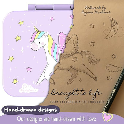 BEARFOOT Kids Lunch Box with Compartments – Compact & Lightweight | Leak-Proof, BPA-Free, Dishwasher & Microwave Safe | Hand-Drawn Design for Preschool, School, Travel (Unicorn Purple, 2.75 Cups)