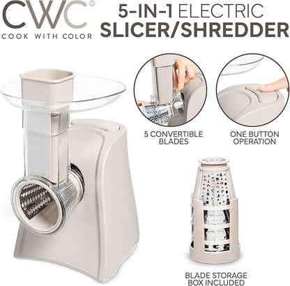 COOK WITH COLOR 5-in-1 Electric Slicer, 150W Food Prep Machine – Cheese Shredder, Fine & Coarse Graters, Potato Grater, Vegetable Slicer, Fruit, Salad Shooter, Compact Design for Bowl Prep, Sand