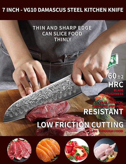 Santoku Knife - 7 inch - Xuan Series - VG10 Damascus Steel Kitchen Knife - Resin Handle (Jade Green)