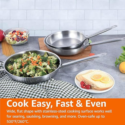 Amazon Basics 3-Piece Stainless Steel Aluminum-Clad Fry Pan Set with 8", 9 1/2", and 12"