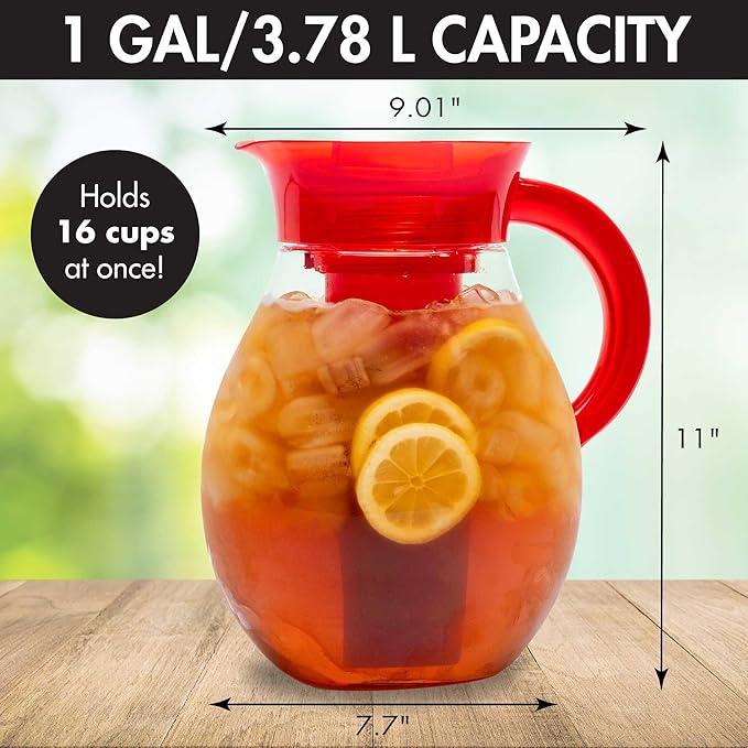 Primula The Big Iced Tea Maker Tritan Plastic Infusion Beverage Pitcher with Leak Proof, Airtight Lid, Fine Mesh Resuable Filter, Manufactured without PFOA, Dishwasher Safe, 1-Gallon, Red