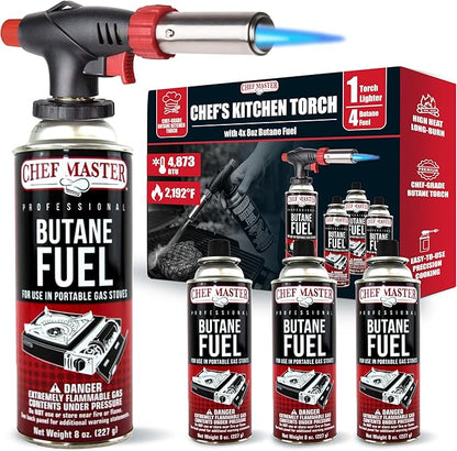 Butane Torch Lighter w/ 4 x 8oz. Butane Fuel Tin Canister Combo, Refillable Kitchen Torch & Adjustable Flame Cooking Torcher for Creme Brulee, Dessert, Meats, Indoor & Outdoor BBQ by Chef Master 90022