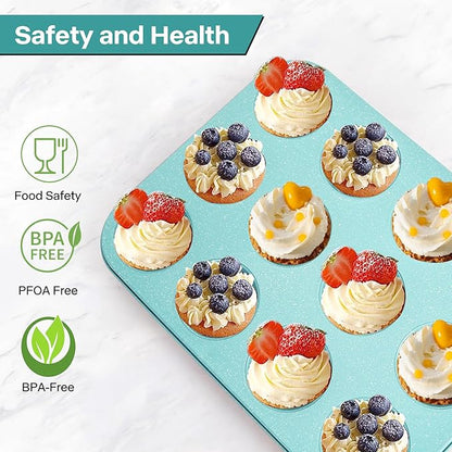 2-Pack Blue 12-Cup Non-Stick Muffin Pan | Healthy Baking | Easy Cleaning Muffin Tin | Durable & Versatile Muffin Cup | Perfect for Mini Cupcakes (Blue)