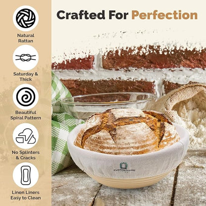 Banneton Proofing Basket Set – 10-Piece Sourdough Kit with Oval & Round Baskets, Dough Whisk, Lame, Scraper, Brush & Linen Liners – Artisan Baking Supplies for Home Bakers