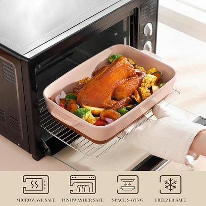 MALACASA 4.8 Qt Ceramic Oven Dish with Handles, 9 x 13 Inch Baking Dish Casserole Dishes, Deep Rectangular Lasagne Dishes Bakeware for Roasting (Khaki & Pink), Series TARA