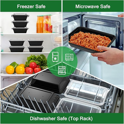 50 Pack (100-Piece) 32 oz Meal Prep Containers Reusable with Lids, Sturdy Leakproof & Food Safe, Microwave, Freezer, Dishwasher Safe Prep Containers, To Go Take Out Plastic Food Storage