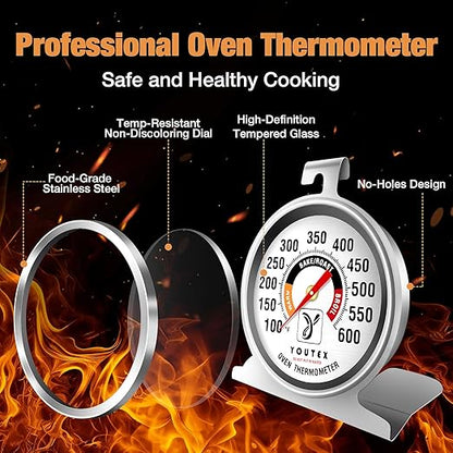 2-Pack Oven Thermometer, Upgraded 100-600°F No-Holes Non-Discoloring Easy-to-Clean for Healthier Cooking, Easy-to-Read with Large Bright Numbers for Gas & Electric Ovens, Grills, and Smokers