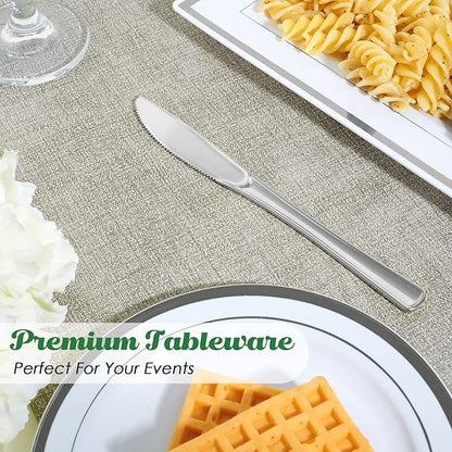 FOCUSLINE 300 Pack Disposable Silver Plastic Knives, Solid and Durable Plastic Cutlery Knives, Heavy Duty Disposable Utensil Silverware for Catering, Parties, Dinners, Weddings