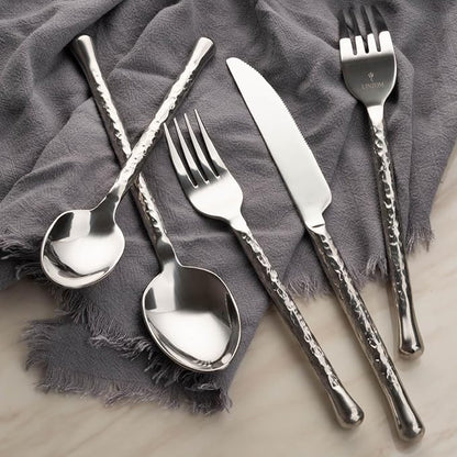 Glam Forged 20-Piece Silverware Set, 18/10 Stainless Steel Flatware, Unique Hammered Flatware Service for 4, Cutlery Set for Home Kitchen Hotel Restaurant Wedding Housewarming