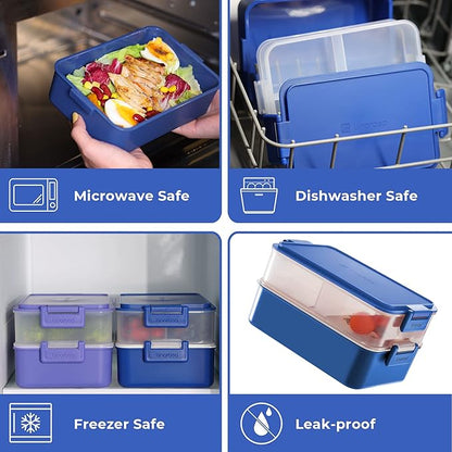 linoroso Stackable Bento Box Adult Lunch Box | Meet All You On-the-Go Needs for Food, Salad and Snack Box, Premium Bento Lunch Box for Adults Include Utensil Set, Dressing Containers - Classic Blue
