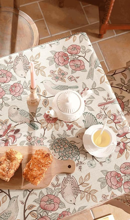 patdrea Designer Pink Linen Table Cloth for Rectangle Table,Vintage Floral with Birds Pattern Decorative Tablcloth,French Table Cover for Kitchen Dining,Thanksgiving,Christmas,63"x110"-Kulom a