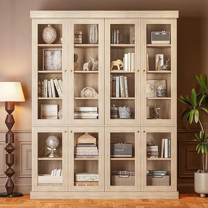 70.8" Bookshelf with Glass Doors, Farmhouse Modular Bookcase with 6-Tier Adjustable Shelves, Large Storage Cabinet for Living Room & Home Office, Brown