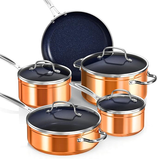 Nuwave Healthy Duralon Blue Ceramic Nonstick Coated 9pc Cookware Set, Scratch-Resistant Diamond Infused, PFAS Free, Induction Ready & Evenly Heats, Oven Safe, Tempered Glass Lids
