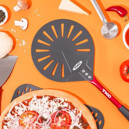 TKC 9" Perforated Pizza Peel, Professional Aluminum Pizza Turning peel, Long Handle Metal Pizza Spatula for Indoor and Outdoor, Lightweight Non-Stick Pizza Turner - Pizza Oven Accessories RED