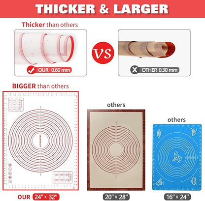 Large Silicone Pastry Mat Extra Thick Non Stick Baking Mat with Measurement Fondant Mat, Counter Mat, Dough Rolling Mat, Oven Liner, Pie Crust Mat (L-16''(W)24''(L), Red)