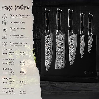 Wakoli Knife Block Sets – 5-Piece Professional Damascus Kitchen Knife Set with Magnetic Block | G10 Handles & VG10 Core | Gift Box (Elite Cuisine)
