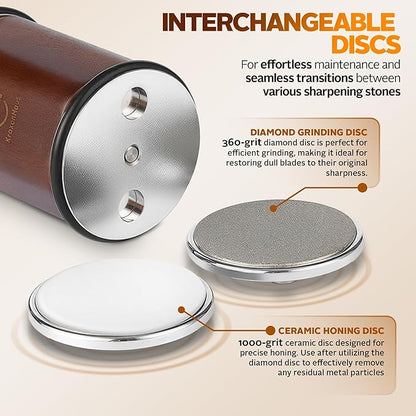 Tumbler Rolling Knife Sharpener Kit – Magnetic Manual System with 4 Angles & Walnut Base Diamond & Ceramic Discs | Kitchen Knife Sharpening Tool | Interchangeable, Easy & Safe Design