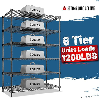 6 Tier Storage Shelves 75H Adjustable Metal Shelving Rack, 1200LBS Wire Shelving Rack for Storage Unit, Metal Shelves for Pantry Shelves, Garage, Kitchen, 75" Hx 36" Wx 18" D