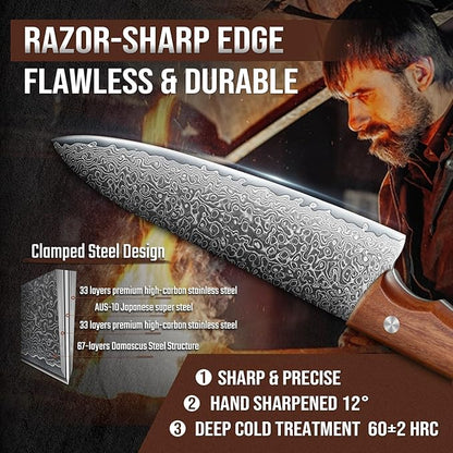 DRAGON RIOT Damascus Chef Knife Set, 2pcs VG10 Professional Kitchen Knife Set, Ultra Sharp Blade & Ergonomic Wooden Handle, Full Tang Forged Damascus Steel Kitchen Cooking Knife Set with Gift Box