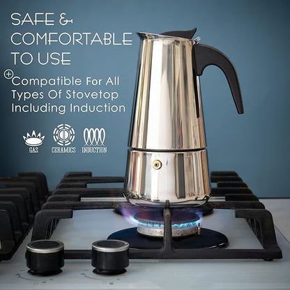 Mixpresso 9 Cup Greca Stovetop Espresso Pot 450ml/15oz, Moka Pot with Coffee Percolator Design, Stainless Steel Stove Top Coffee Maker for Camping or Home Use,Italian Stovetop Espresso Maker